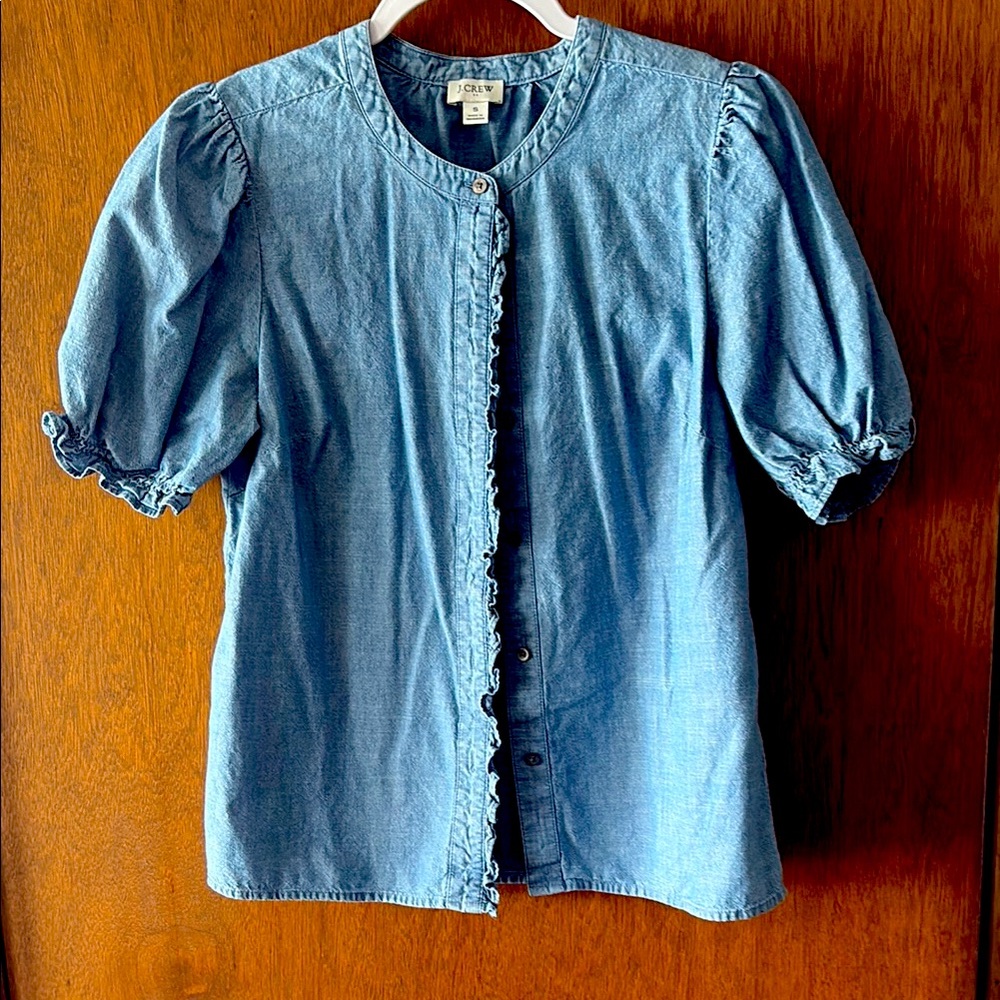 J. Crew Light Blue Denim Top ruffled
